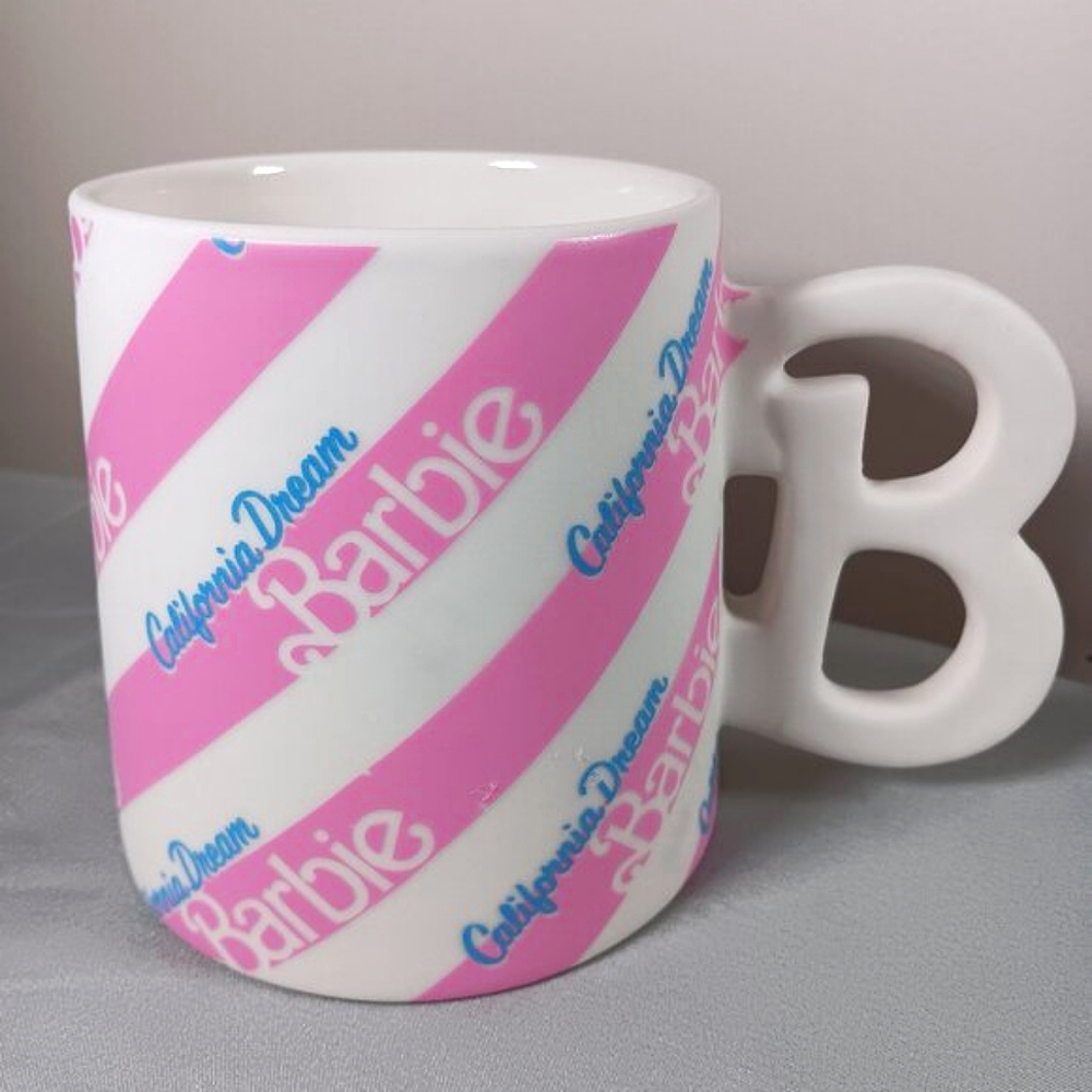 NWOT Barbie Ceramic Mug 21 Oz "B" Shaped Handle Pink White Striped Cup